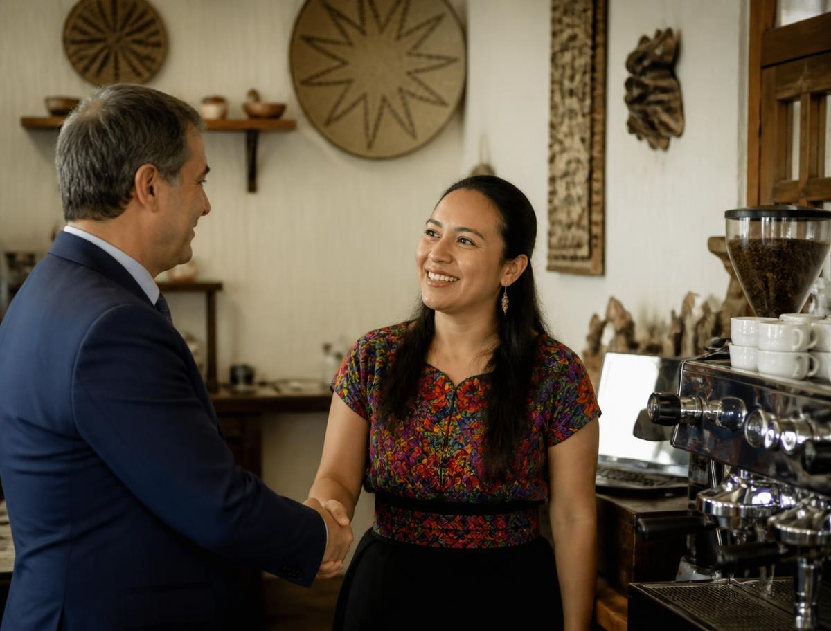 Empresario italiano y emprendedora salvadoreña estrechando la mano